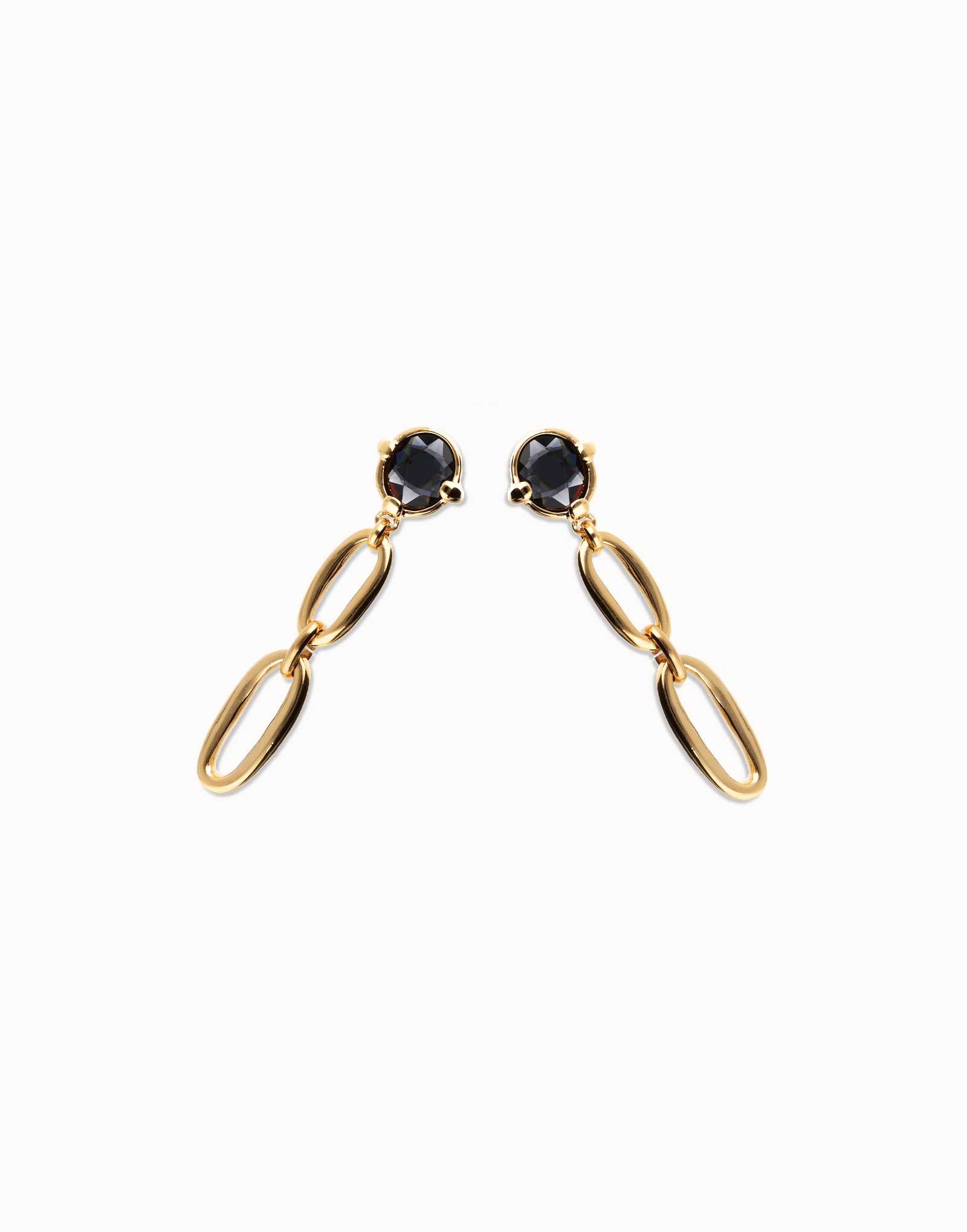 Pendientes largos bañados en oro 18k con cristal facetado negro y eslabones, Dorado, large thumbnail